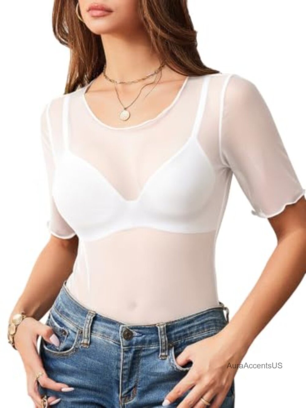 Sheer Mesh Top Short Sleeve Fitted Crew Neck Sexy See Through Tee